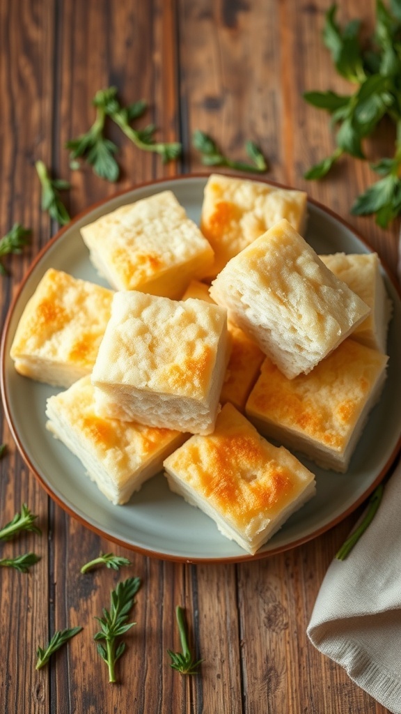 Quick and Easy Cloud Bread Recipe Fluffy cloud bread pieces on a plate, golden brown on top, with a rustic wooden table background.